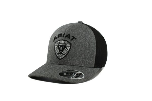 A gray and black hat with the word ariat on it.