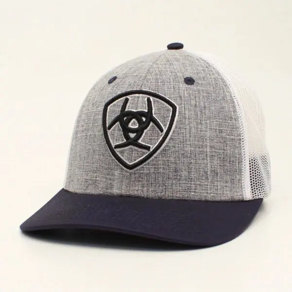 A gray and black hat with a logo on it.