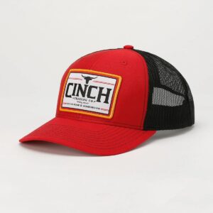 A red and black hat with the word cinch on it.