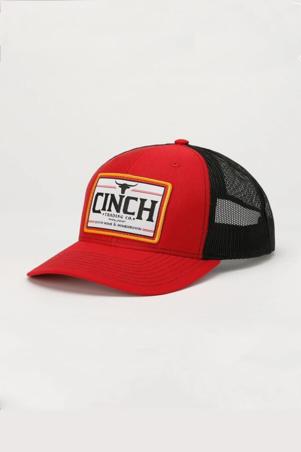 A red and black hat with the word cinch on it.