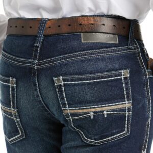 A close up of the back pocket and waist band on a pair of jeans.