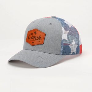 A baseball cap with an american flag design.