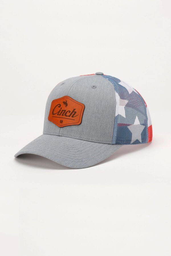 A baseball cap with an american flag design.