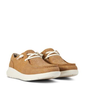 A pair of brown shoes with white laces.