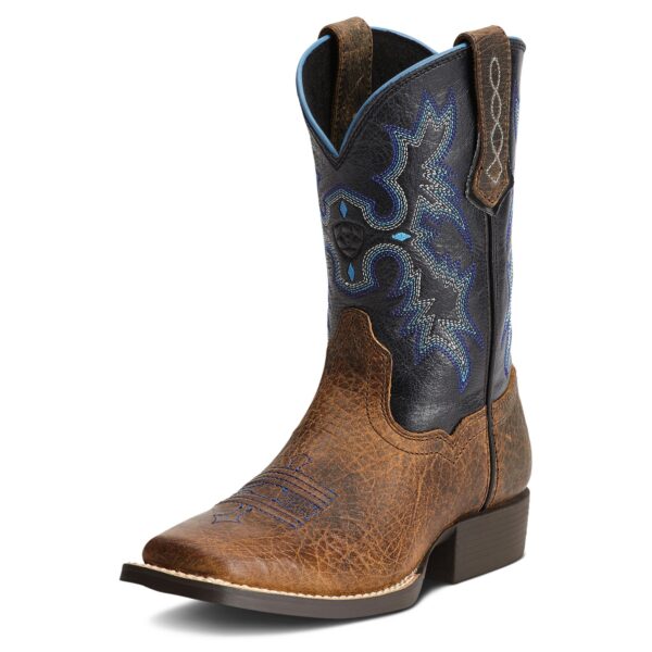 A pair of cowboy boots with blue accents.