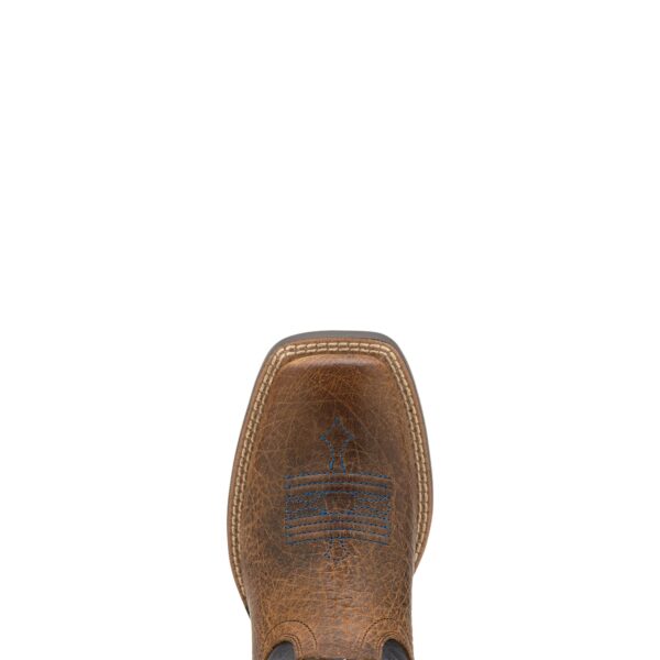 A brown cowboy boot with a black top view
