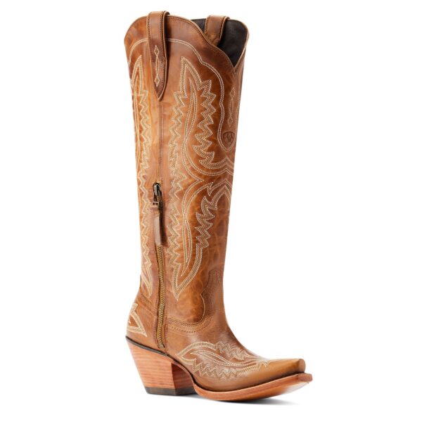 A pair of cowboy boots with a brown pattern.