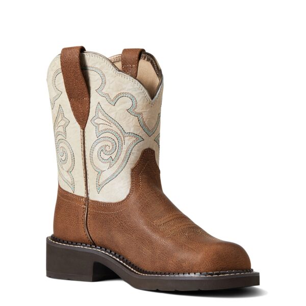 A brown and white cowboy boot with a black sole.