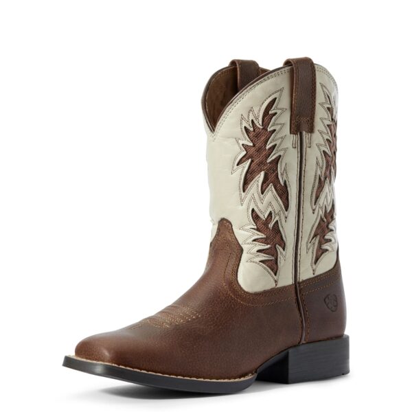 A brown and white cowboy boot is shown.