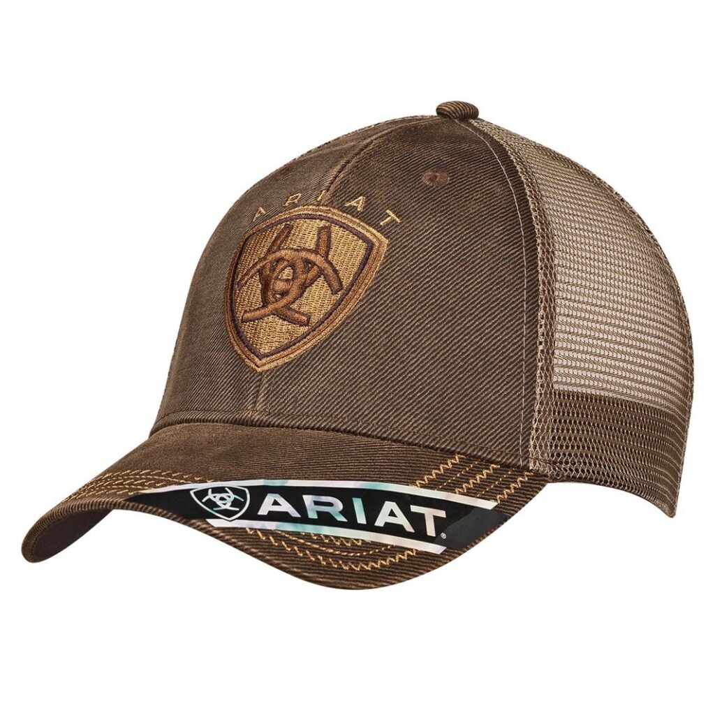 A brown hat with a tan mesh back and a brown logo.