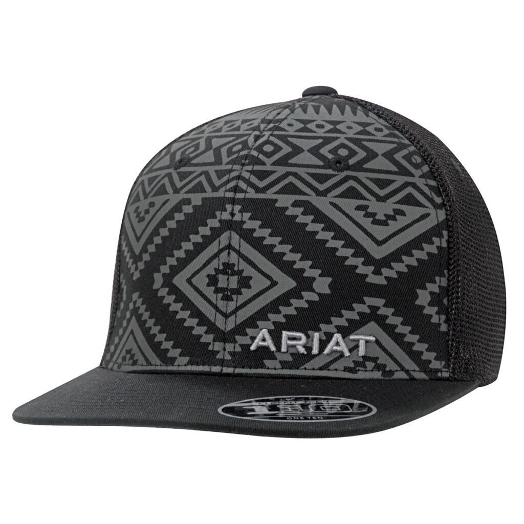 A black and gray hat with the word " ariat " on it.
