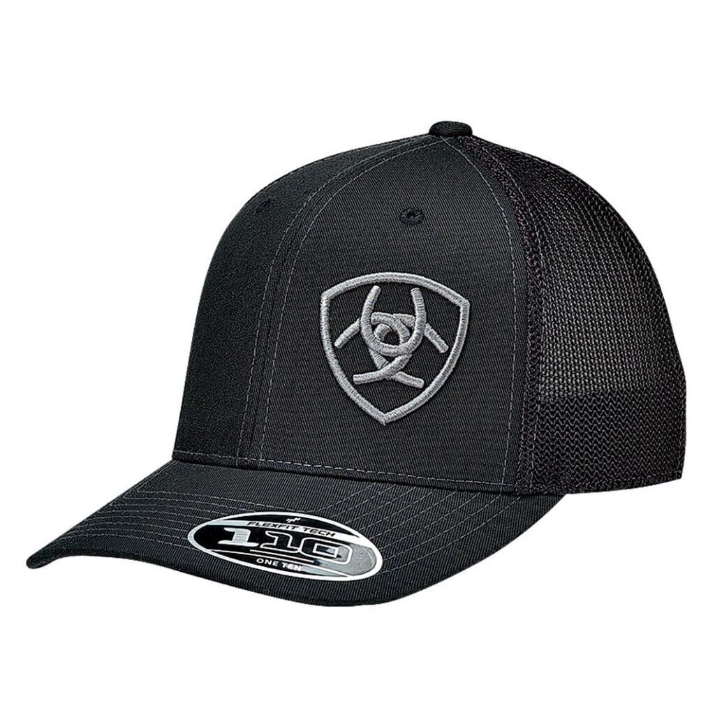 A black hat with a gray logo on it.