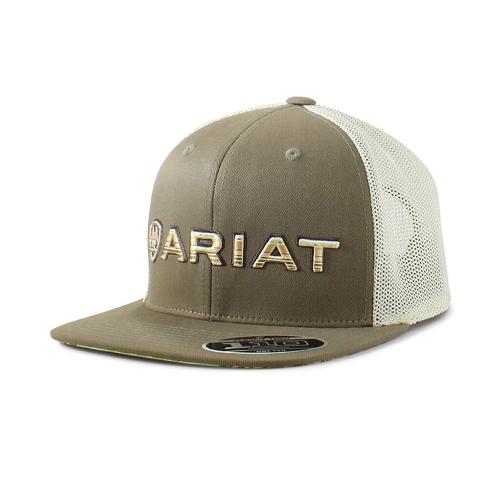 A tan and white hat with the word " lariat " on it.