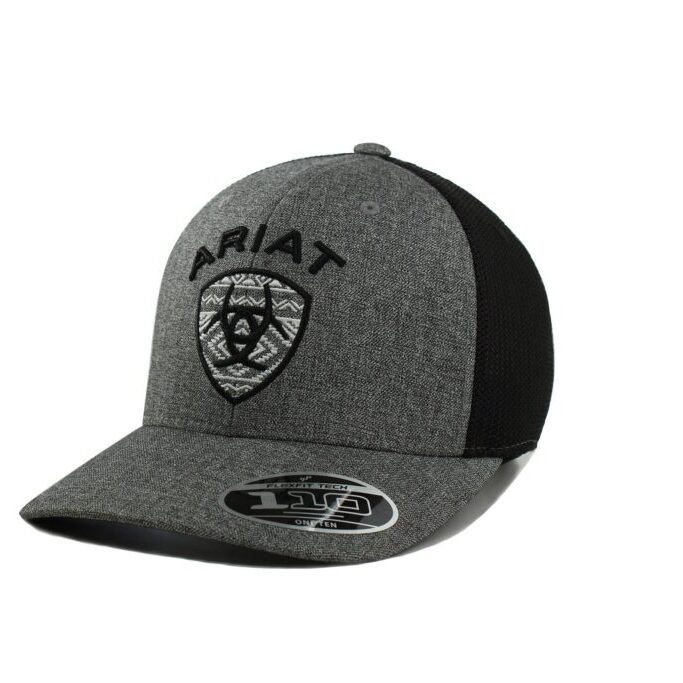 A gray and black hat with the word ariat on it.
