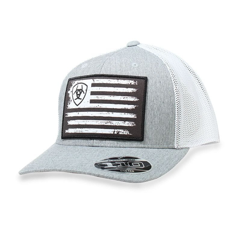 A white and black hat with an american flag on it.