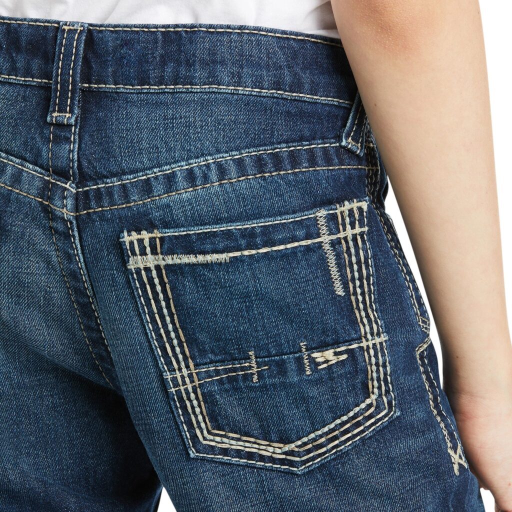 A close up of the back pocket on a pair of jeans