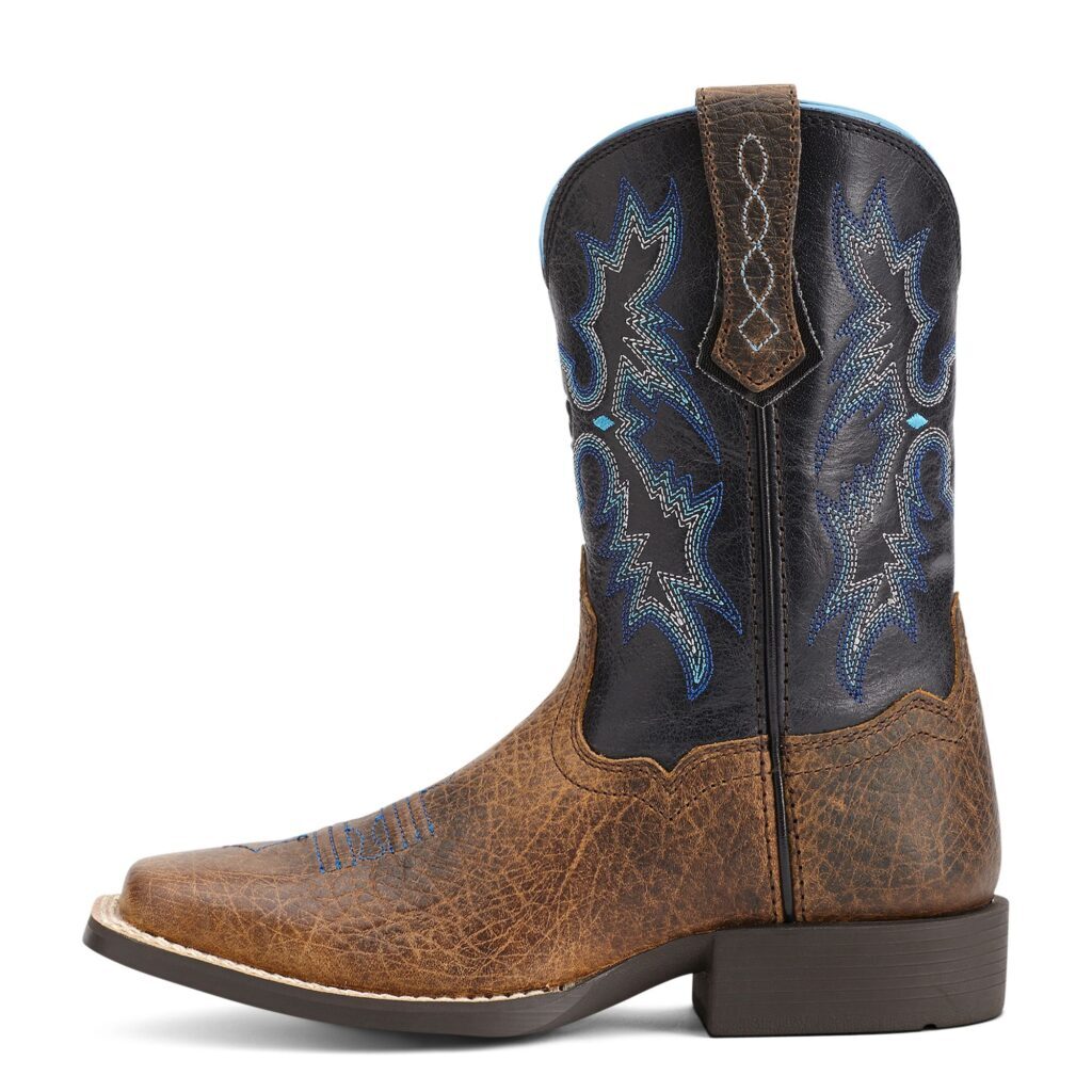 A brown and blue cowboy boot is shown.
