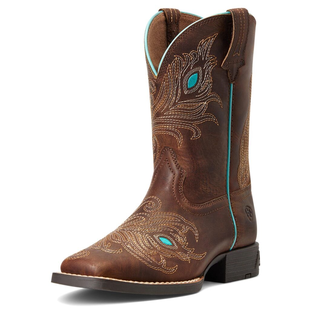 A brown cowboy boot with turquoise accents.